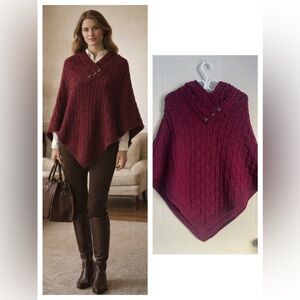 Aran Mor Burgundy Wool Poncho Size S Classic Heritage Equestrian Cozy Luxury